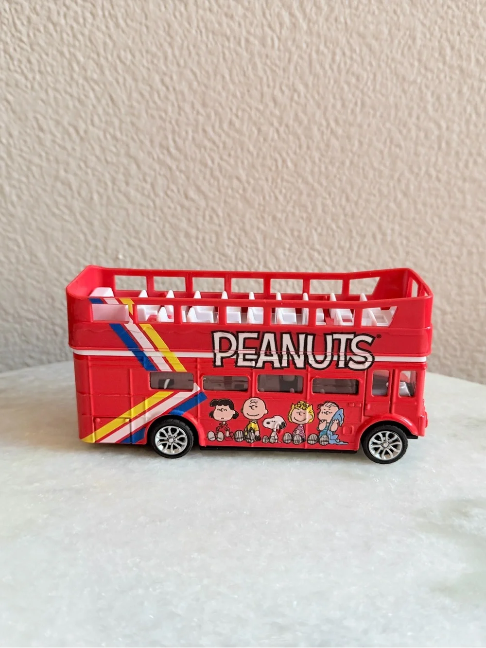 Peanuts Red Double-Decker Bus Toy with Character Graphics pull back